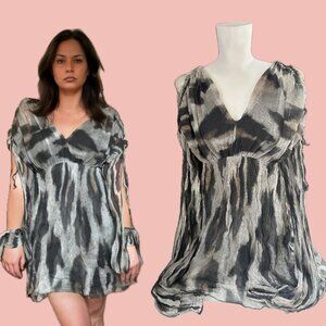 V&amp;L Studio Crinkled Boho Dress – Sheer Layered Chiffon, Flowy Off-Shoulder M